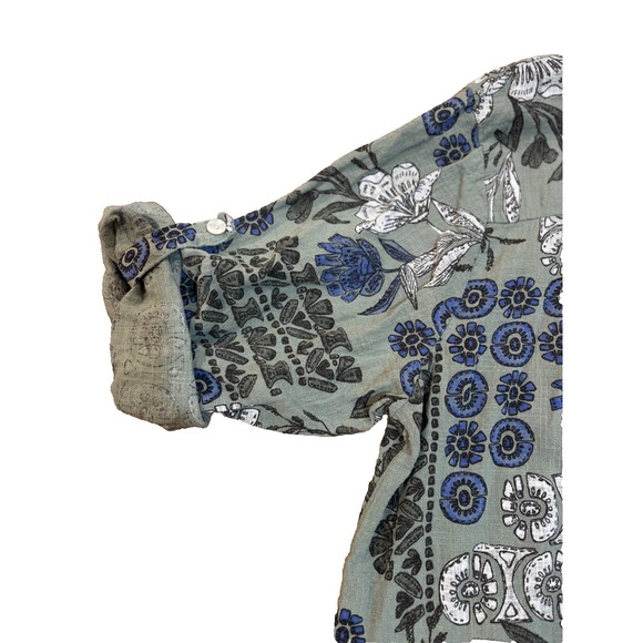 Made in Italy green floral Print 3/4 Sleeve Linen  button up blouse XL women's - Picture 4 of 12